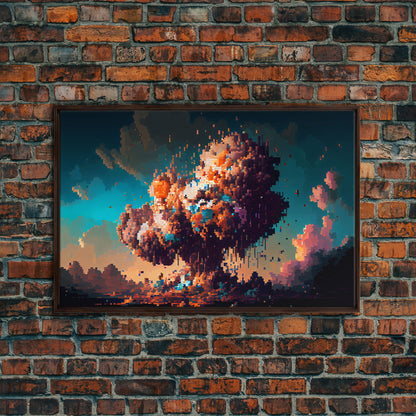 Pixel art atomic bomb, framed canvas print, pixel art explosion