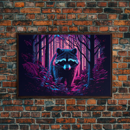 Cute racoon in the forest, vaporwave aesthetic animal art, framed canvas print, colorful animal art
