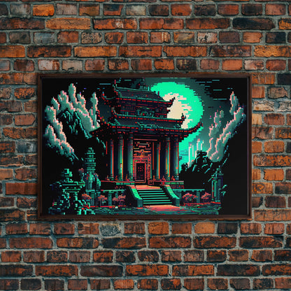 Japanese Pagoda pixel art, cyberpunk style pagoda, framed canvas print