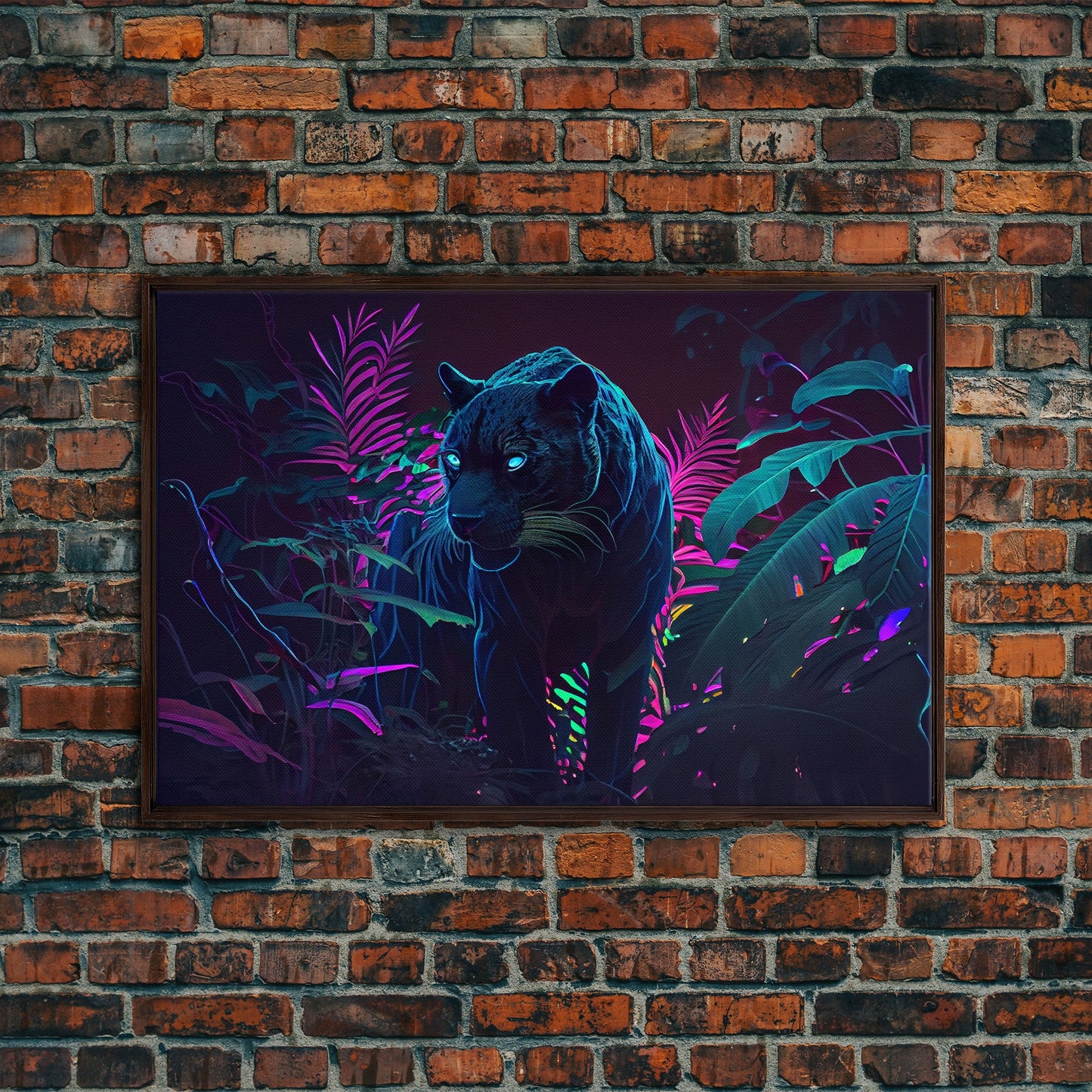 Black panther on the hunt in the jungle, glowing blue eyes, synth wave aesthetic art, framed canvas print