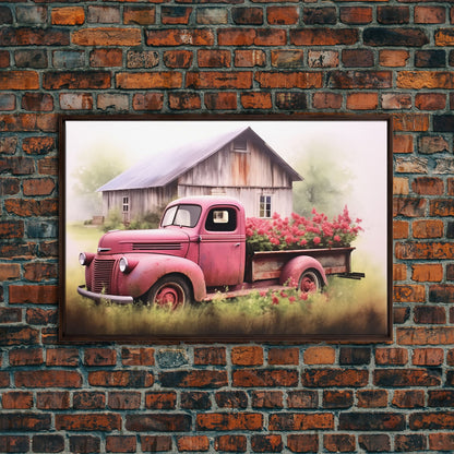 Old Pink Truck Used As a Flower Bed, Framed Canvas Print Or Poster, Rustic Farmhouse Decor, Primitive Art, Country Home Art