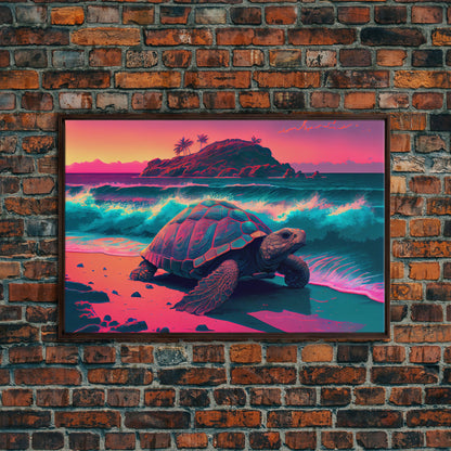 Sea turtle fighting the waves, framed canvas art, synthwave, vaporwave, animal prints
