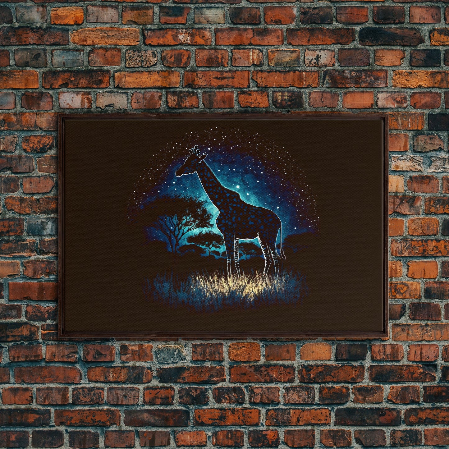 Starry Night over Africa, Giraffe Print, Framed Canvas Art, Galaxy Night Sky, Mancave decor