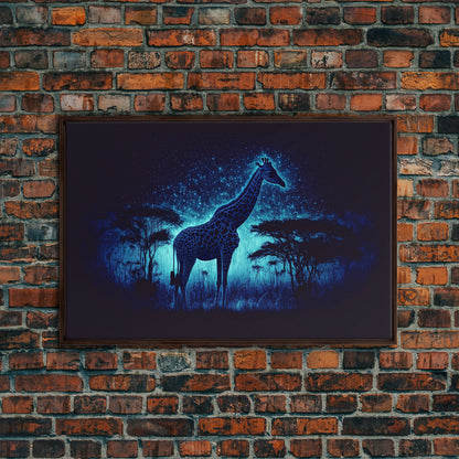 Surreal Giraffe Art, Wildlife Print, Animal Prints, framed canvas print, framed wall art, colorful turquoise night sky