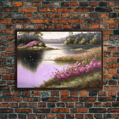 Pink flower landscape art, beautiful nature watercolor painting canvas print, Framed Canvas Print, Wall decoration, living room wall art