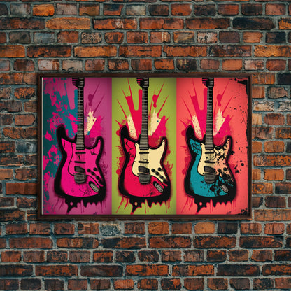 Electric Guitar Pop Art, Instrument Drawings, Framed Canvas Print, Pop Art, Graffiti Splatter Art, Large Living Room Wall Decorr