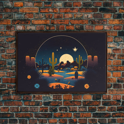 Retro Art Deco Style Pueblo Desert Art, Cactus Desert Landscape under a Full Moon, Framed Canvas Print, Cute Western Decor