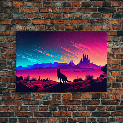 Cute fox in an Arizona desert landscape, framed canvas print, framed wall art, synthwave art