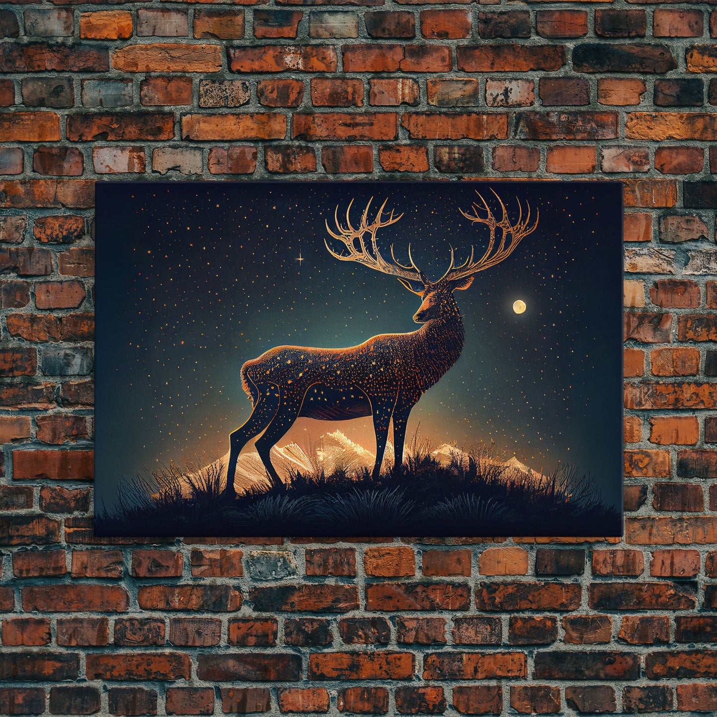 Deer made of stars, reflection stag, framed canvas print, unique wall art