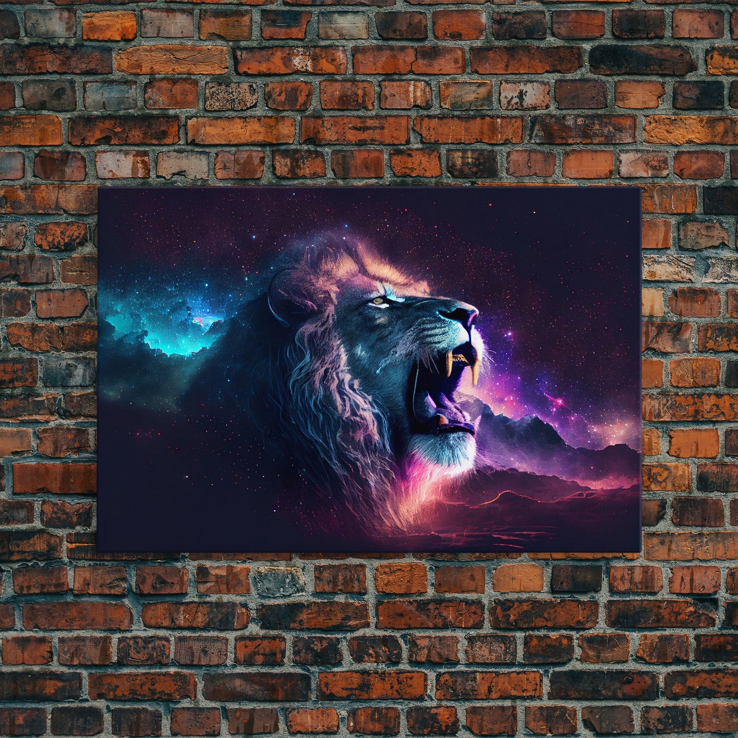 Cosmic Roar, lion roaring at the stars, synthwave galaxy and lion art, framed canvas print, unique framed wall art