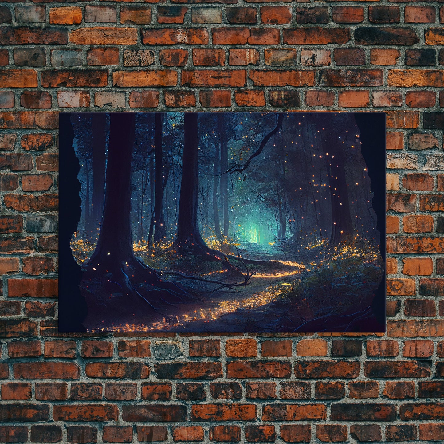 The magical enchanted forest is lit brightly with fireflies at night, framed canvas print, fantasy art