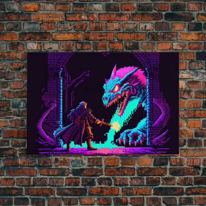 Wizard VS Hydra, RPG pixel art, vaporwave aesthetic video game pixel art, framed canvas print