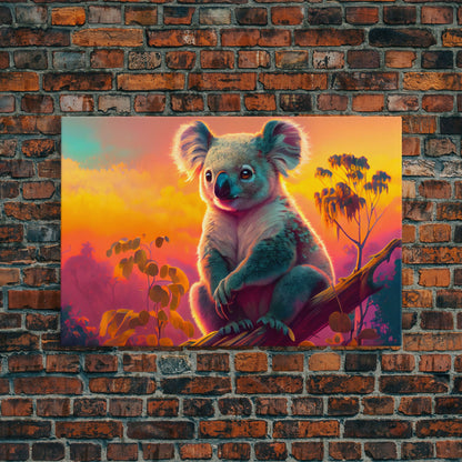 Cute Koala bear at sunset, vaporwave animal art, framed canvas print, framed wall art, ready to hang, synthwave art
