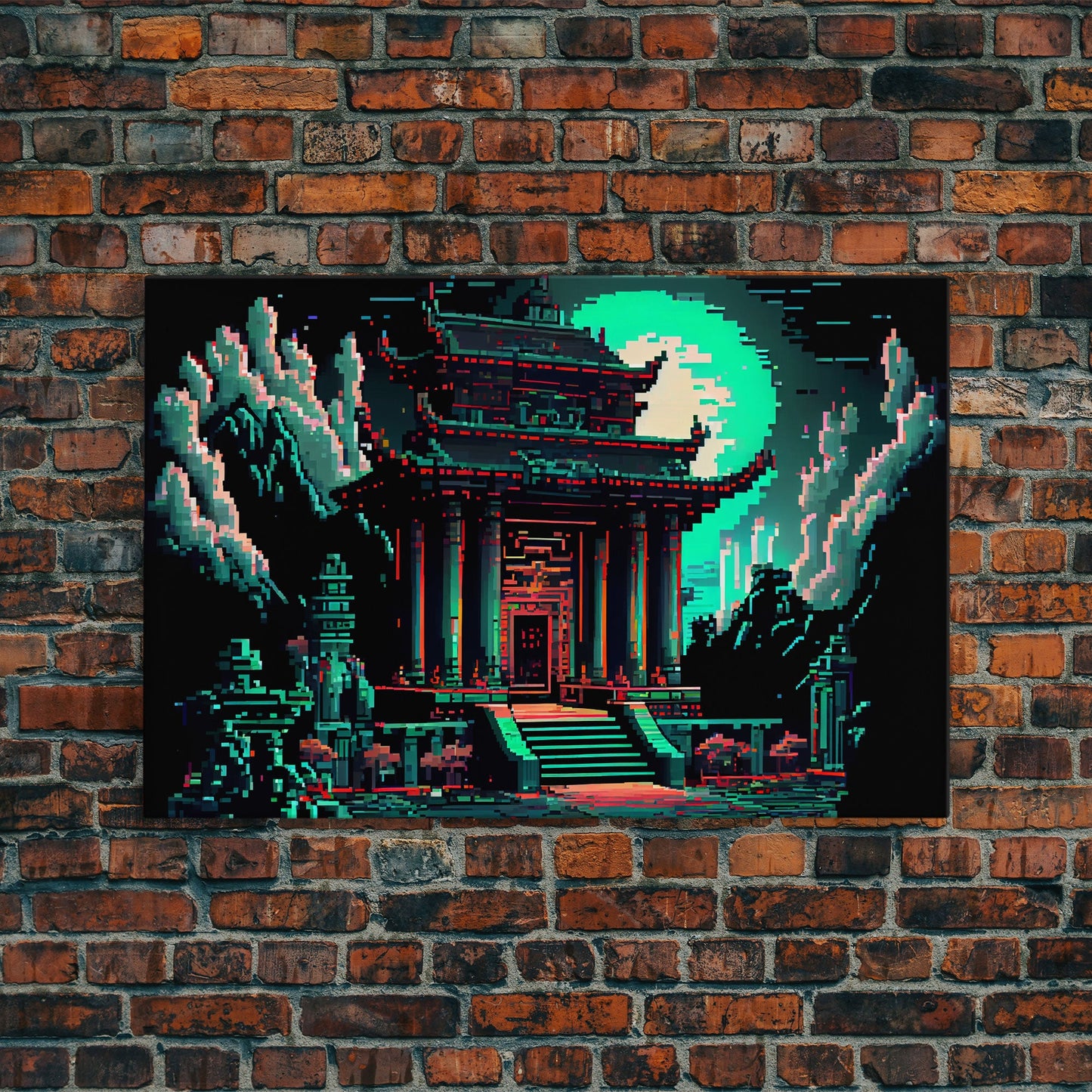 Japanese Pagoda pixel art, cyberpunk style pagoda, framed canvas print