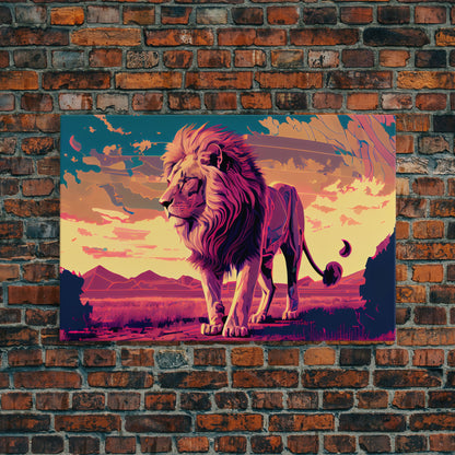 Retrowave watercolor painting of an African Lion, framed canvas print, unique large format wall art