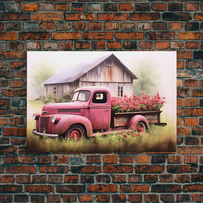 Old Pink Truck Used As a Flower Bed, Framed Canvas Print Or Poster, Rustic Farmhouse Decor, Primitive Art, Country Home Art