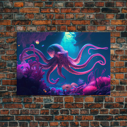 Pink Octopus, Ocean art, aquarium art, framed canvas print, vaporwave pastel art