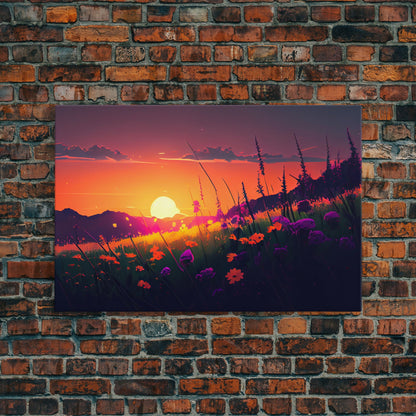 Watercolor of a beautiful sunset over a vibrant field of flowers, framed canvas print, framed art