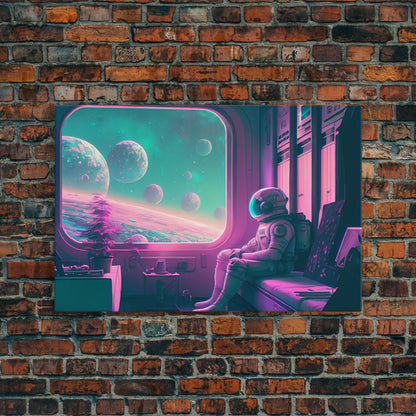 Vaporwave Aesthetic Scifi Art, In Transit, Astronaut riding the space train, framed canvas print