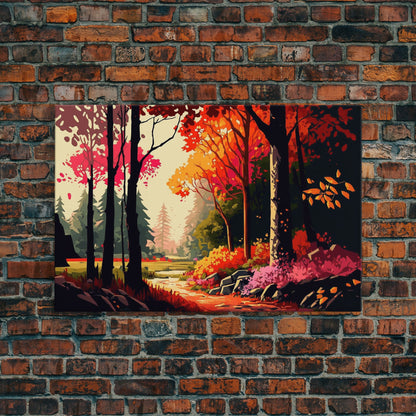 Pop Art Style Fall Forest Landscape, Framed Canvas Print, Unique living room wall art, above sofa art, Color Pop forest art