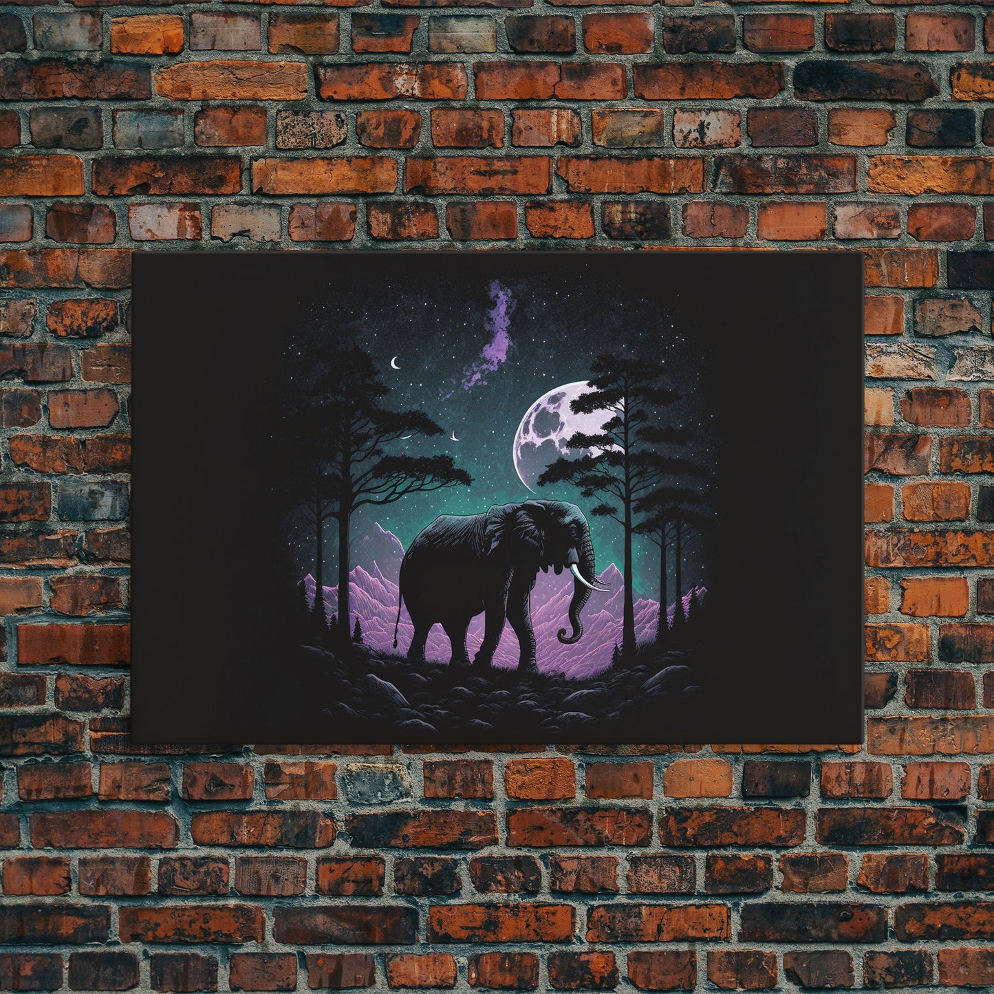 Synthwave Elephant Art | Framed Canvas Print | Framed Wall Art | Animal Prints | Wildlife Art | Elephant Walks Under A Full Moon