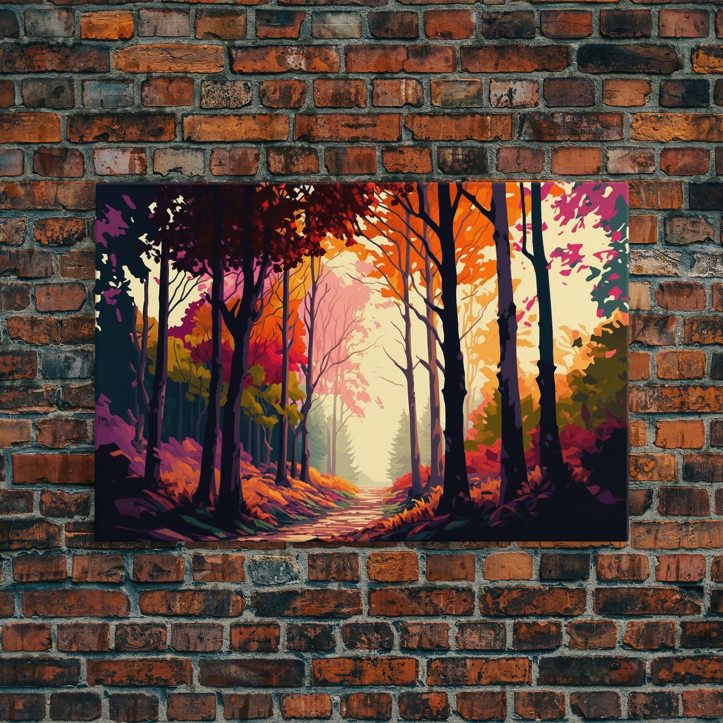 Pop Art Style Fall Forest Landscape, Framed Canvas Print, Unique living room wall art, above sofa art, Color Pop forest art