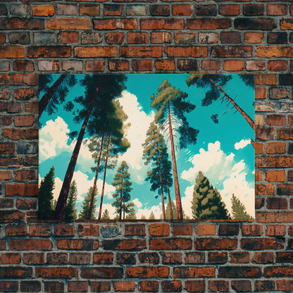 Pine Tree Forest and Blue Skies, Framed Canvas Print, Beautiful Wall Art, Living Room Wall Decor, Pine Cone Tree