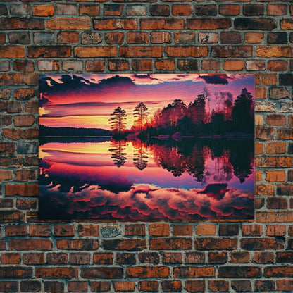 Reflections on the lake, red landscape art, framed canvas print, subdued red nature art