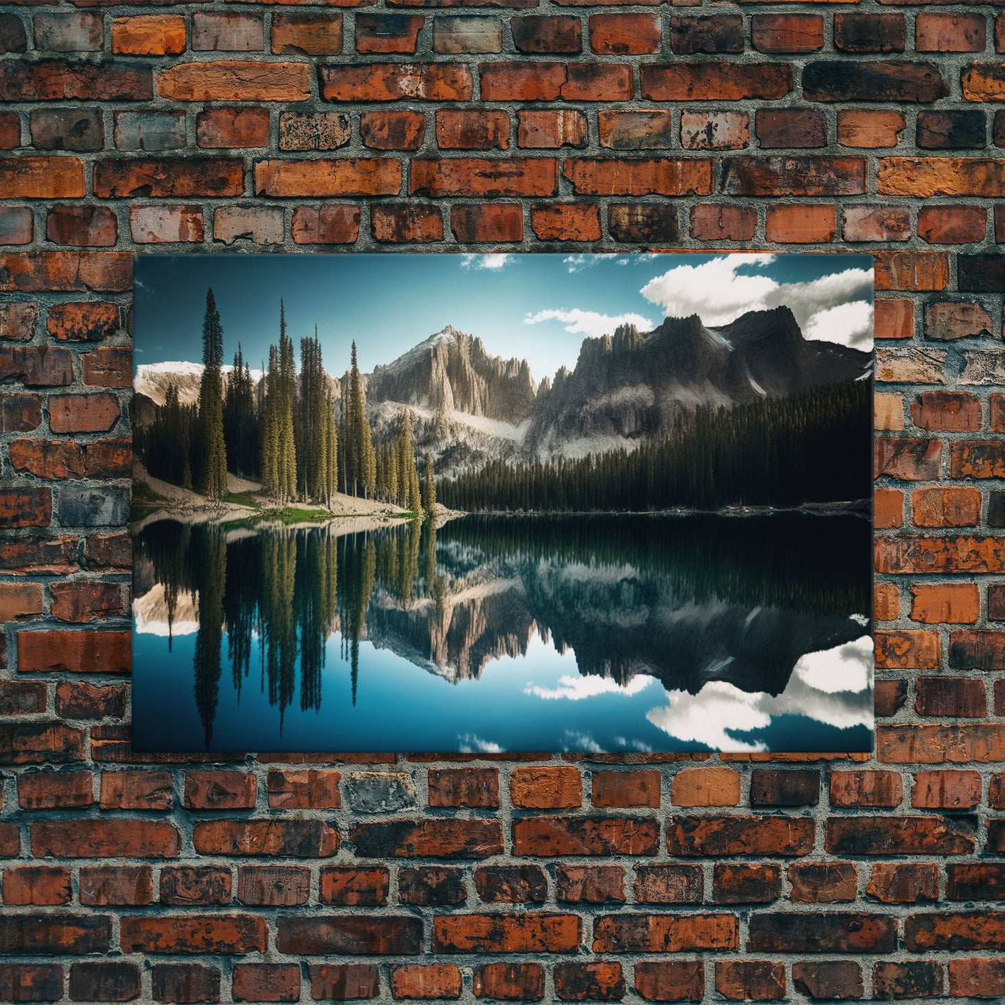 Reflections on a winter lake, watercolor landscape art, framed canvas print, pine tree winter forest