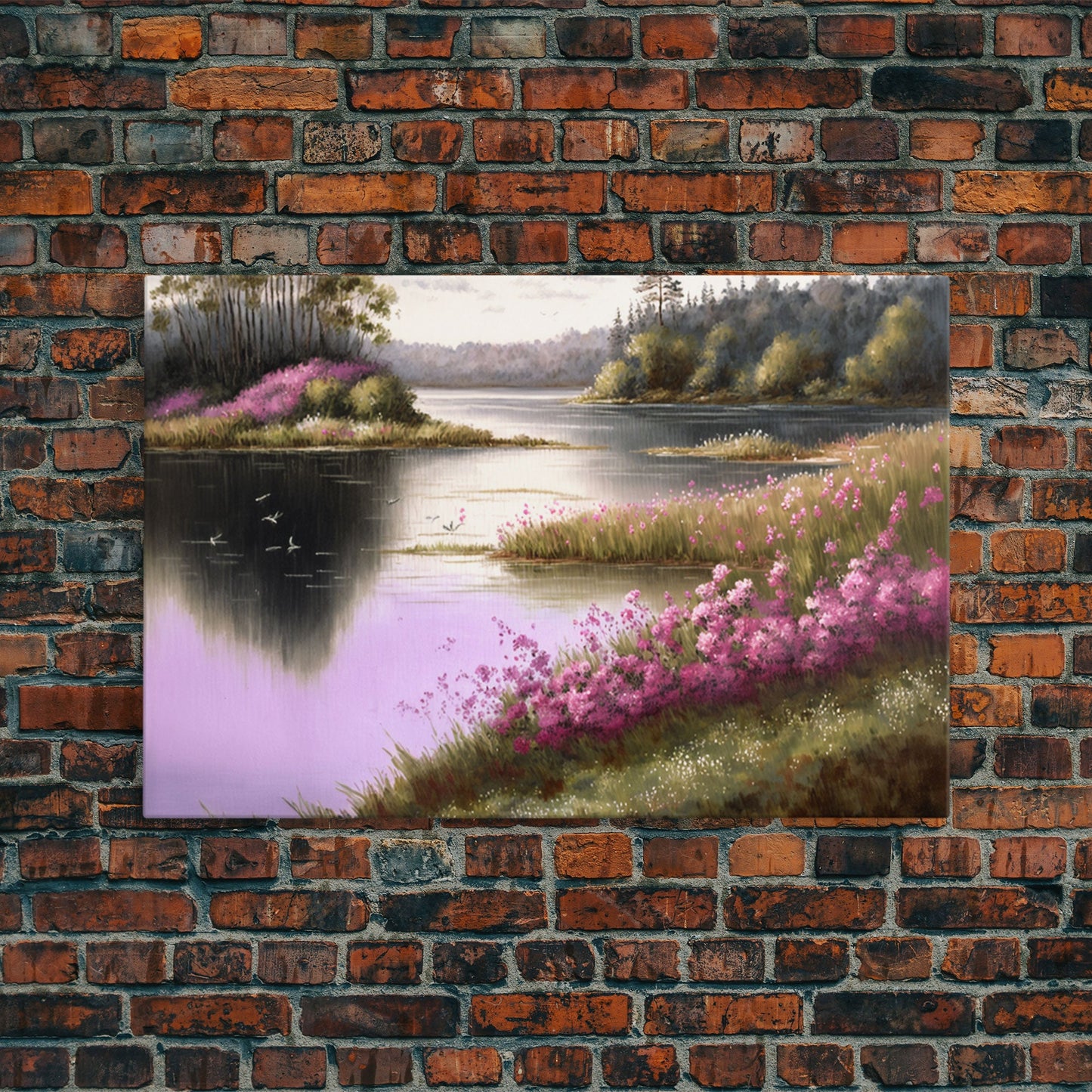 Pink flower landscape art, beautiful nature watercolor painting canvas print, Framed Canvas Print, Wall decoration, living room wall art