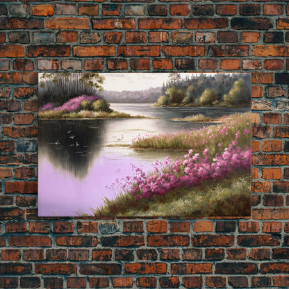 Pink flower landscape art, beautiful nature watercolor painting canvas print, Framed Canvas Print, Wall decoration, living room wall art