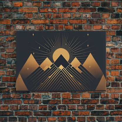 Art Deco Style Mountain landscape at Sunset, Framed Canvas Print, Large Format Wall Art, Huge Wall Decor, Black and Gold