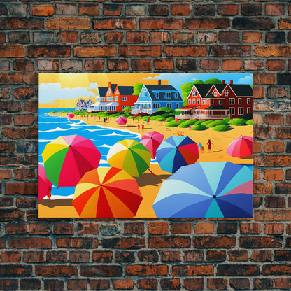The Beach Crowd, Art Deco Pop Art Mashup, Framed Canvas Print, Colorful Beach Umbrellas, Beach House Lake House Decor