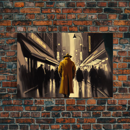 The Man in The Trench Coat, Framed Canvas Print, Time Lapse Watercolor Painting, Subdued Office Wall Art, Noir Art