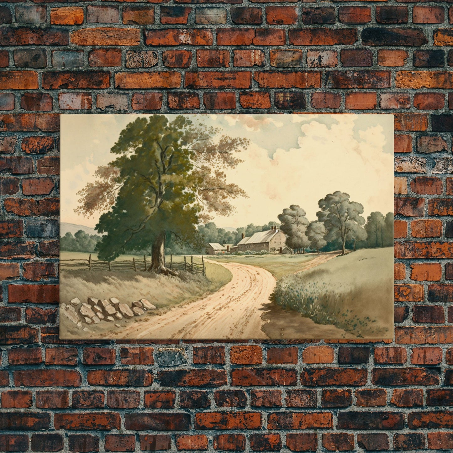 Vintage Landscape Wall Art Print, Nature Framed Large Gallery Art, Minimalist Art Ready to Hang, With Hangers, Muted Farmhouse Art