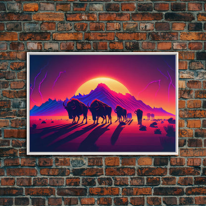 Synthwave American Buffalo, Retrowave art, herd of Bison and a setting sun, framed canvas print