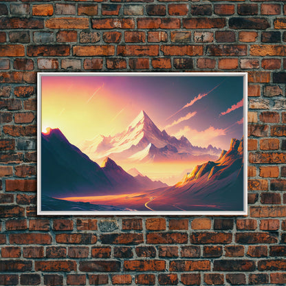 Watercolor mountain at sunset, pastel, subdued colors, framed canvas print