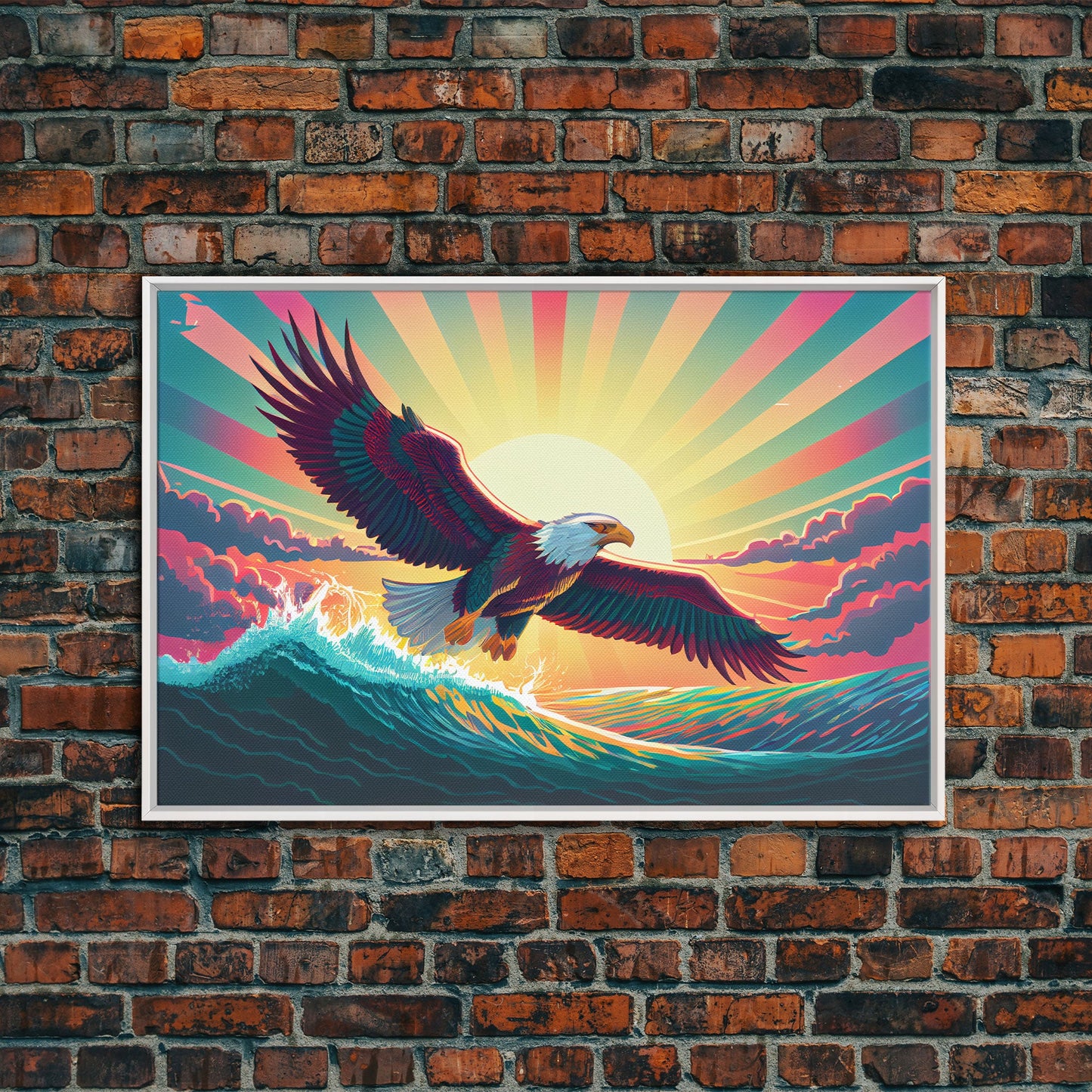 Retrowave bald eagle, pastel sunset, framed canvas print