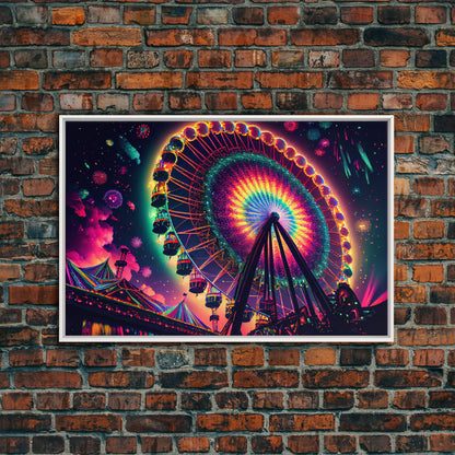 Colorful boardwalk art, neon lit night time ferris wheel, framed canvas print, framed wall art