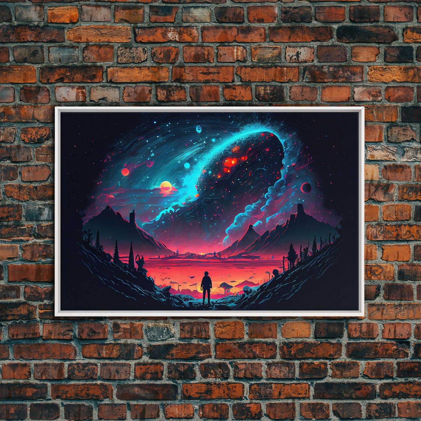 Strange new worlds among  the stars, scifi retrowave art, framed canvas print, unique wall art