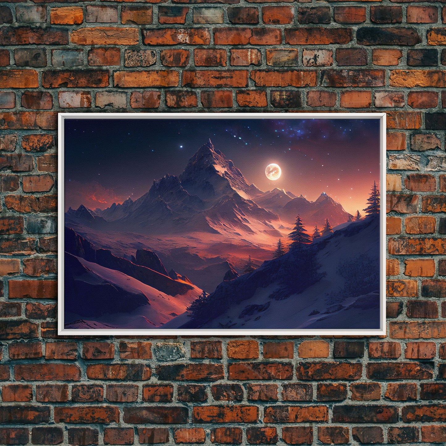 Mt. Everest Art, full moon over a mountain landscape, watercolor, framed canvas print, unique wall art