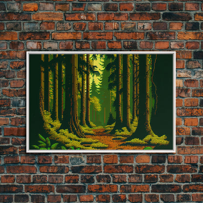 Among The Tall Trees, Beautiful forest 8 bit pixel art, framed canvas print, game room art