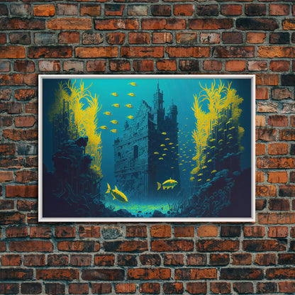 Underwater castle fantasy art, 8 bit pixel art for videogame room, framed canvas print