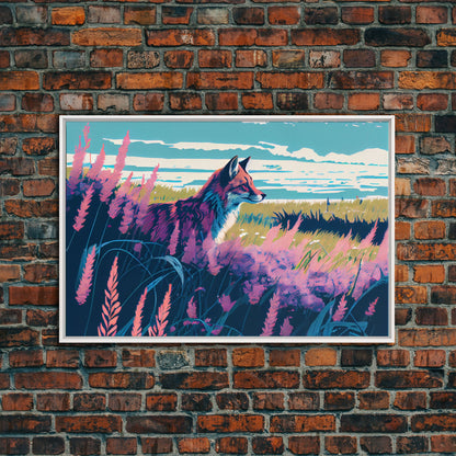 Cute fox in a field, watercolor art, framed canvas print, colorful animal art