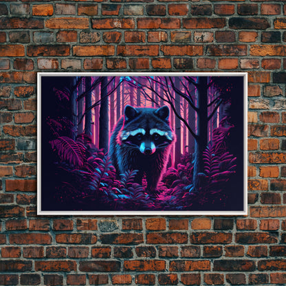 Cute racoon in the forest, vaporwave aesthetic animal art, framed canvas print, colorful animal art
