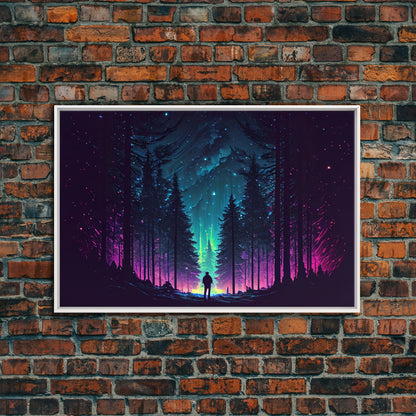Contemplating the stars, vaporwave aesthetic, forest art, starry night, framed canvas print