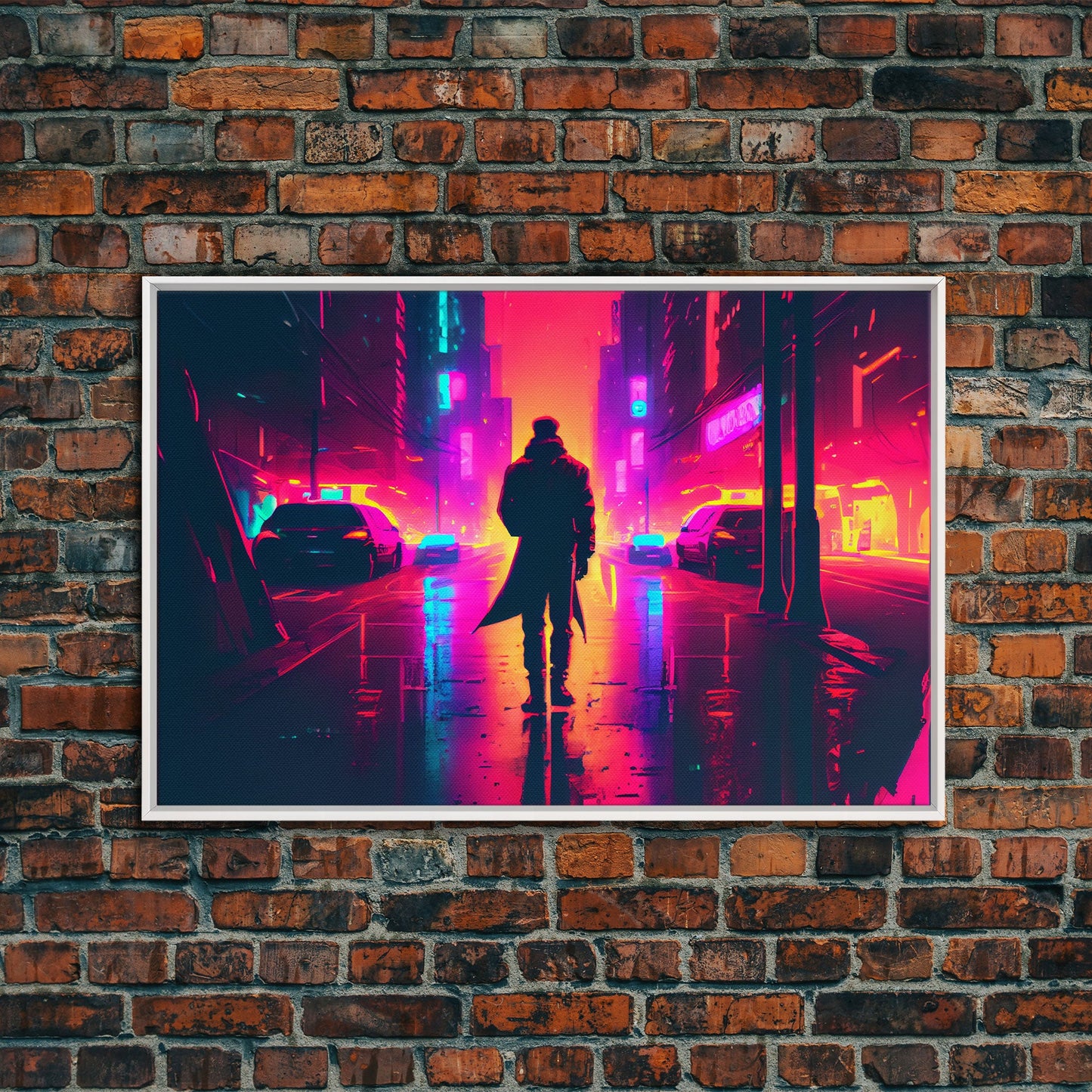 Cyberpunk bounty hunter art, vaporwave synthwave dystopian cityscape, framed canvas print