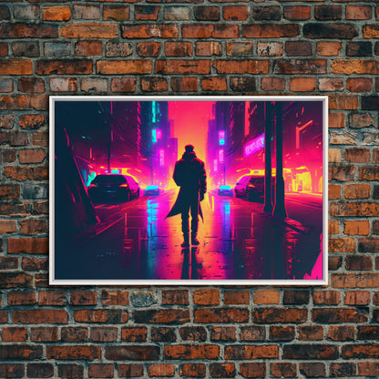 Cyberpunk bounty hunter art, vaporwave synthwave dystopian cityscape, framed canvas print