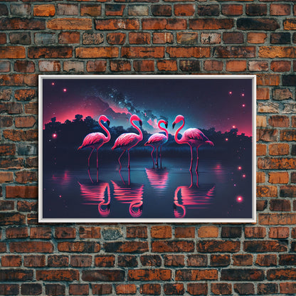 Pink Flamingos against a starry night sky, synthwave vibes, framed canvas print, framed art