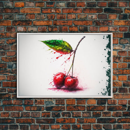 Watercolor Cherry, Still Life Paint Splatter Art, Framed Canvas Print, Fruit Art, Cherries with Stems Watercolor Painting